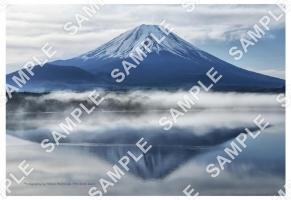 朝の本栖湖湖畔と富士山
